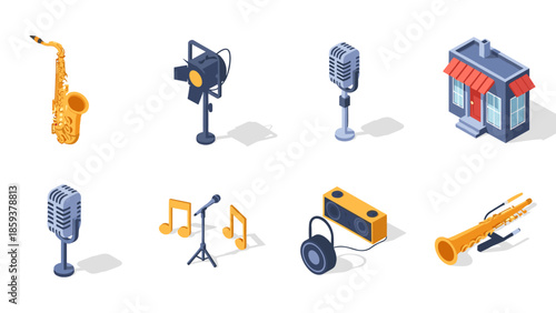 Isometric music and audio icons set with microphones, instruments, and studio equipment