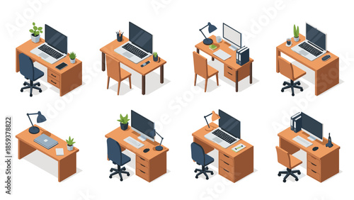 Isometric office desk setups with modern design and accessories