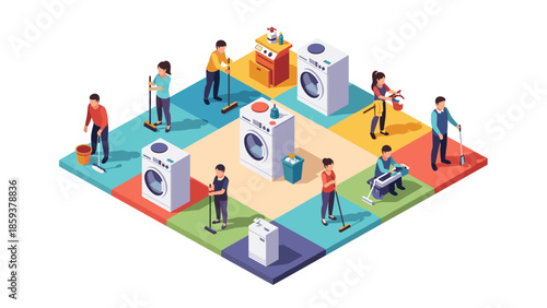 Isometric home cleaning scene with diverse people and appliances in a colorful setting