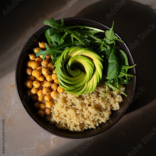 Healthy buddha bowl with quinoa avocado chickpeas and greens in dark ceramic bowl overhead view