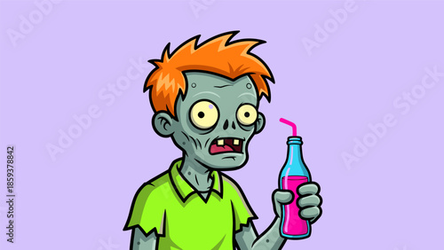 Cartoon Zombie Character Drinking a Pink Beverage.