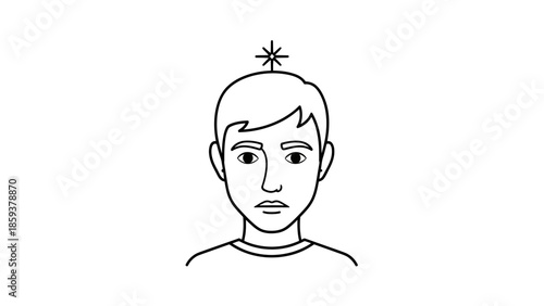 Line drawing of a man with head star on white. Looks serious. Shoulders visible