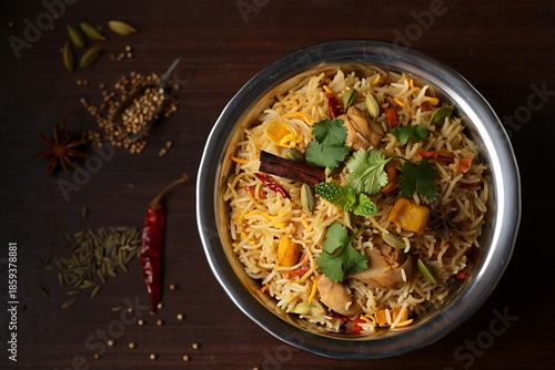 Chicken biryani in metal bowl with spices on side overhead view rustic table