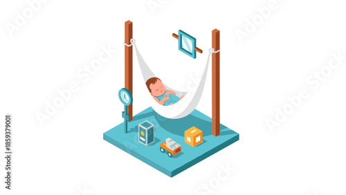 Isometric baby sleeping peacefully in hammock with toys and picture frame