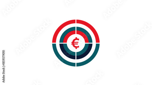 Euro symbol at the center of a target shape, in red, teal and navy on a white background