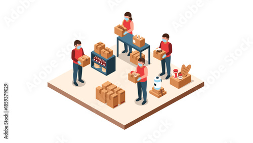Isometric grocery store scene with people wearing masks and organizing supplies