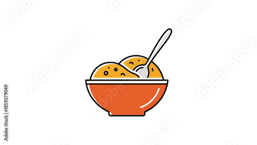 A bowl of food illustration with spoon, orange bowl filled with a yellow-orange substance