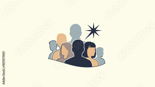 A graphic depicts a stylized group of diverse individuals, with a starburst, on a light background