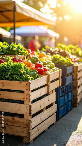 Display of vibrant vegetables and fresh produce in rustic wooden crates at an outdoor farmers market under golden sunlight.