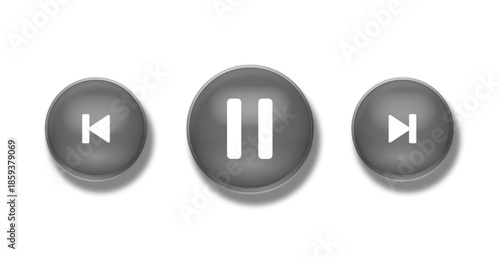 Music player buttons vector set in liquid glass style, including play, pause, forward, rewind, and other controls, presented on transparent background for clean UI design.