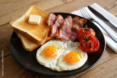 Hearty breakfast with fried eggs bacon toast butter roasted tomatoes on wooden background