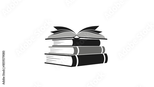 A monochrome illustration of a stack of books with one open on top, reading-themed