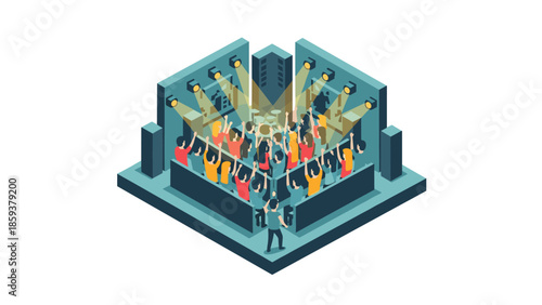 Isometric concert scene with crowd and stage lighting in nightclub