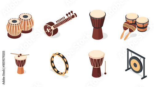 Diverse isometric musical instruments collection featuring percussion and strings