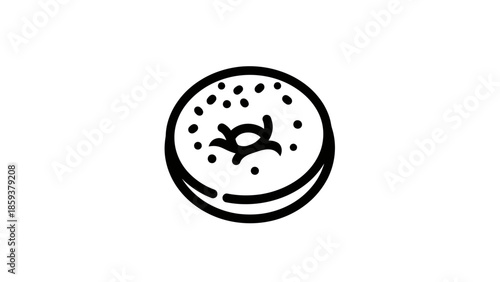 A minimalist black line drawing of a bagel with dark dots on white background