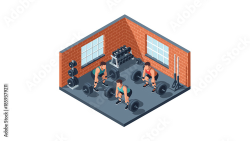 Isometric gym scene with people lifting weights in brick-walled fitness center