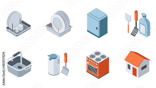 Home kitchen essentials: isometric appliance and utensil collection