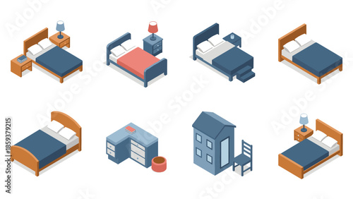 Isometric bedroom furniture set featuring beds, nightstands, and accessories in various designs