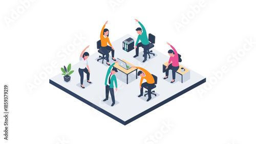 Office workers stretching in modern workplace isometric design for health and productivity