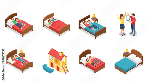 Isometric family moments: bedtime, play, and everyday life in cozy home setting