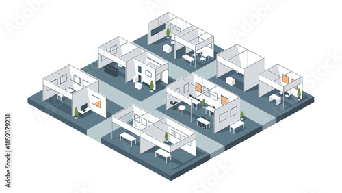 Modern isometric office floor plan with workstations and open spaces