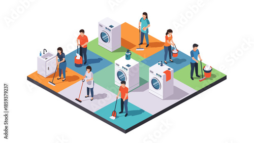 Isometric illustration of people cleaning and doing laundry on colorful grid