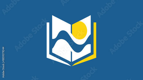 Abstract graphic depicts an open book with curved shapes and a yellow sun against blue