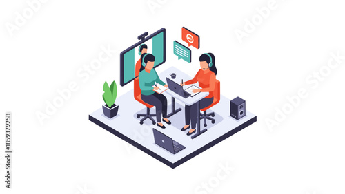 Remote work collaboration in isometric design with virtual meetings and digital communication tools