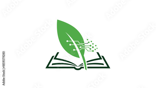 A green leaf and circuit board blend with an open book, symbolizing knowledge and technology
