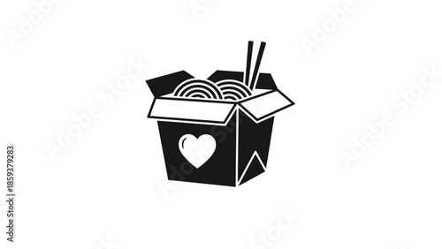 A stylized black and white illustration of noodles in a box with chopsticks and heart