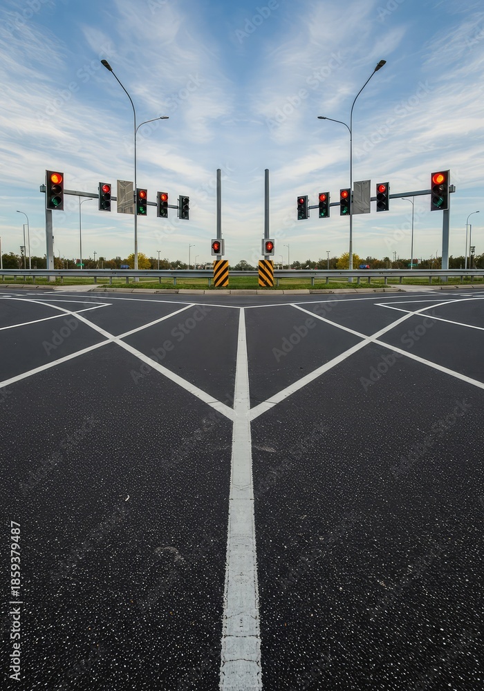 Fototapeta premium A complex view of converging asphalt surfaces forming a major roadside intersection. Traffic control infrastructure stands ready against the sky ,construction ,pole ,access