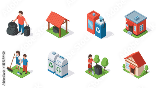 Isometric waste management and recycling concept with people and containers