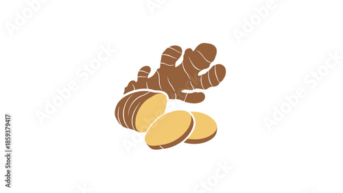 Illustration of ginger root and sliced ginger, in brown and yellow tones, isolated on white