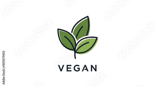 Simple minimalist logo depicting three green leaves with outline on white background, word "VEGAN