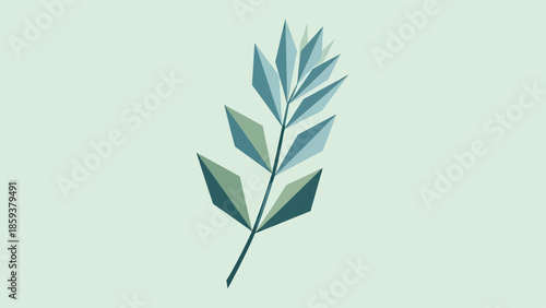 A geometric, stylized leaf with triangular segments in cool blues and greens against a pale background