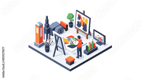 Isometric art studio with easel and canvas in creative workspace