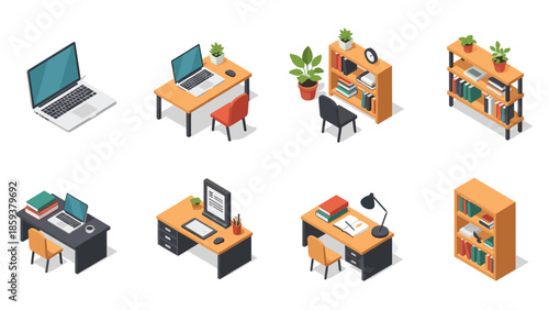 Modern workspace essentials in 3d isometric design