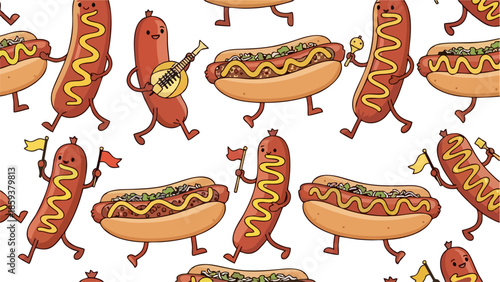Funny Cartoon Hot Dogs and Sausages Dancing and Playing Music Whimsical Food Characters Seamless Pattern