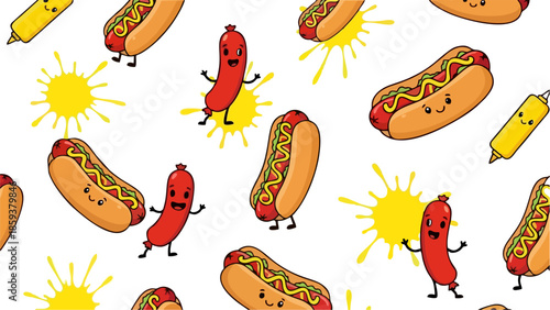Fun Cartoon Hot Dog Pattern with Mustard Sun Seamless Vector Illustration for Food Branding Packaging and Summer Events