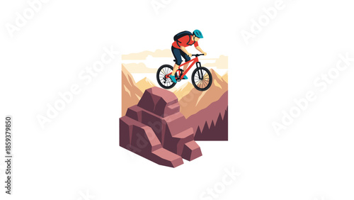 Mountain biker jumping over rocky terrain in scenic landscape