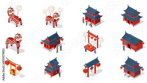 Isometric chinese new year celebration with traditional architecture and dragon dance