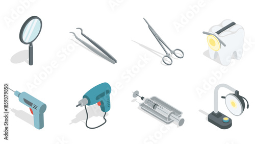 Isometric dental tools and equipment set in flat style for medical professionals
