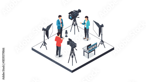 Isometric newsroom scene with camera crew and journalists