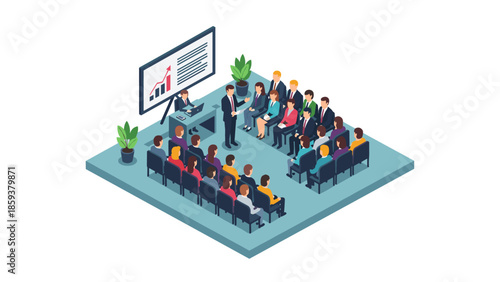 Isometric business presentation with diverse audience and growing chart graph