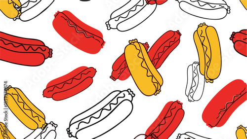 Vibrant Pattern of Stylized Hot Dogs in Red Yellow and Outline Perfect for Food Branding and Packaging