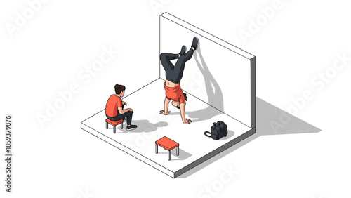 Isometric fitness scene with handstand and observer on white background