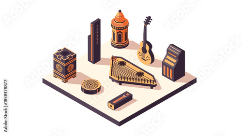 Isometric middle eastern musical instruments and architecture on display