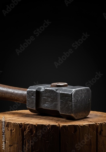A heavy, menacing, crudely forged metal war hammer resting on rough wood, symbolizing ancient savagery and raw, brutal power ,ruthless ,danger ,crude