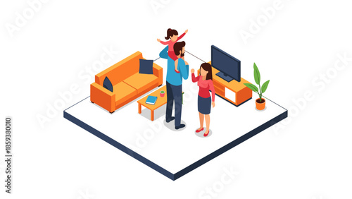 Family time in modern living room with tv and couch isometric design