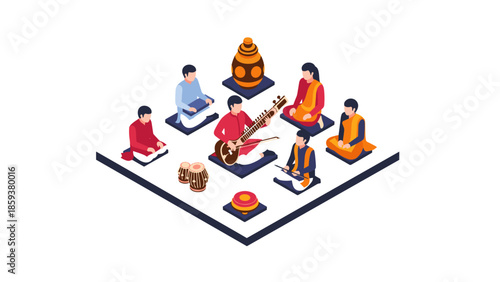 Traditional indian music ensemble isometric style with musicians and instruments